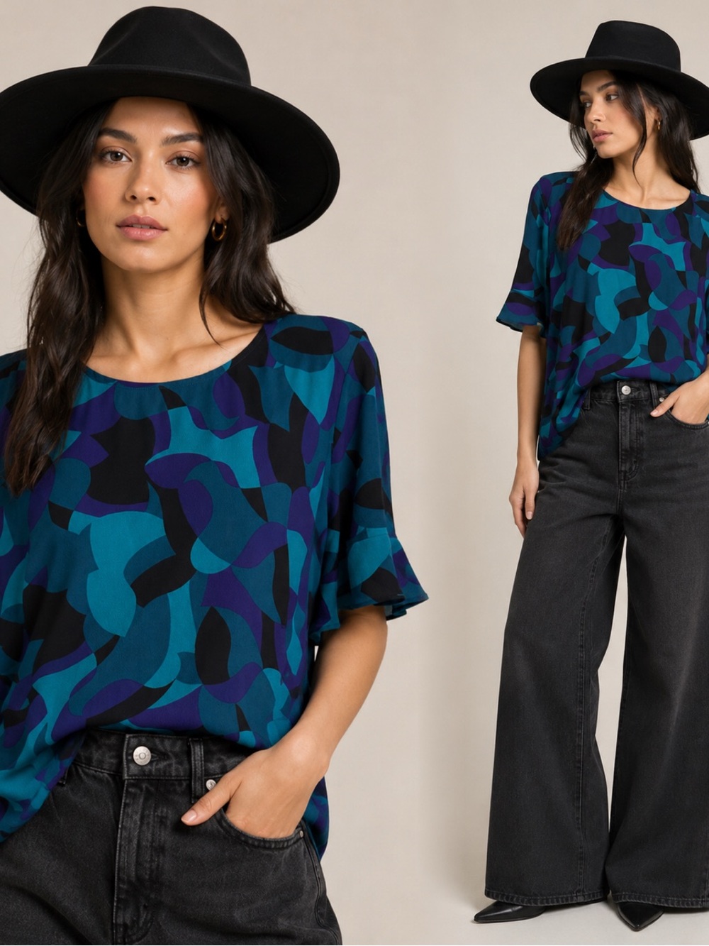 Liz Claiborne Teal Navy & Black Abstract Flutter Sleeve Blouse